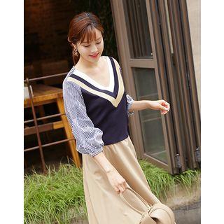 V-neck Stripe Puff-sleeve Knit Top