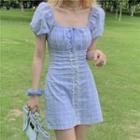 Short-sleeve Square-neck Plaid Mini Dress