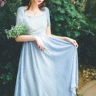 Short-sleeve Checked Tie-waist A-line Midi Dress