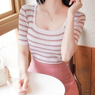 Square-neck Stripe Rib-knit Top