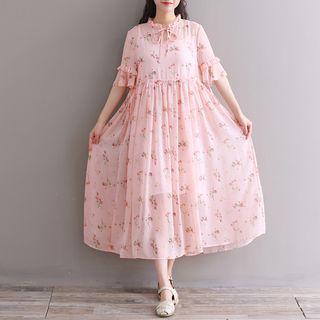 Set: Floral Print Short-sleeve Chiffon Dress + Slipdress