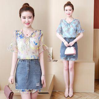 Set: Short-sleeve Print Mini Dress + Denim Mini Skirt