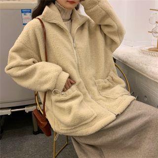 Mock-neck Plain Zip Velvet Long-sleeve Jacket