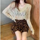 V-neck Knit Top / Leopard Skirt
