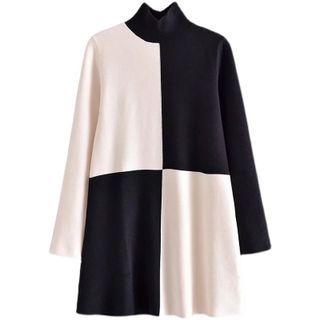 Mock-neck Two-tone Knit Mini Shift Dress