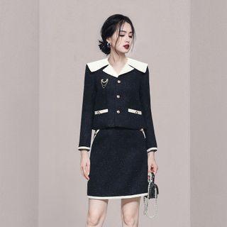 Set: Contrast Trim Single-breasted Jacket + Mini Pencil Skirt
