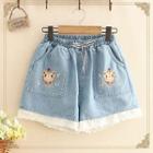 Drawstring Ruffle Trim Demin Short As Shown In Figure - One Size