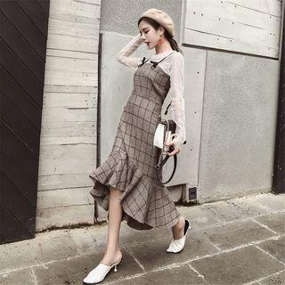 Set: Mesh Top + Plaid Strapped Midi Mermaid Dress Set - As Shown In Figure - One Size