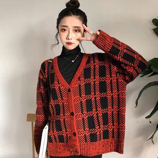 V-neck Plaid Cardigan Red - One Size