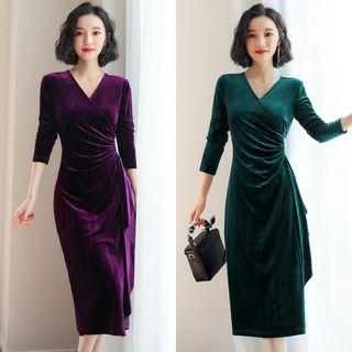 Velvet Long Sleeve Midi Shirt Dress