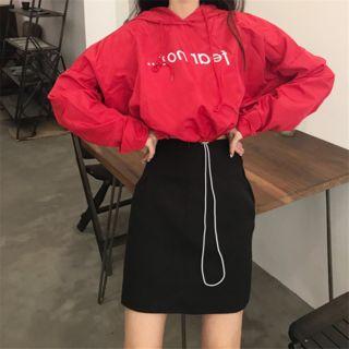 Lettering Crop Hoodie With Bungee Cord Red - One Size