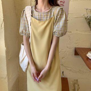 Short-sleeve Plaid Blouse / Spaghetti Strap Midi A-line Dress