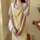 Short-sleeve Plaid Blouse / Spaghetti Strap Midi A-line Dress
