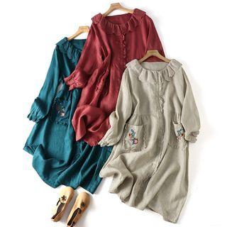 Long-sleeve Flower Embroidered Lace Trim Collared Dress