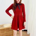 Long-sleeve Ribbon A-line Mini Knit Dress