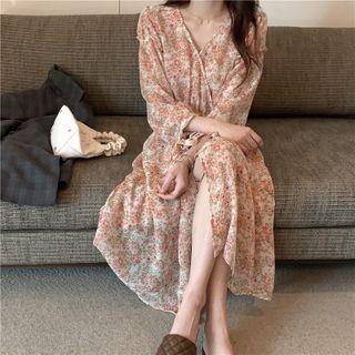 Long-sleeve Floral Print Chiffon Midi Dress Floral - Almond & Pink - One Size