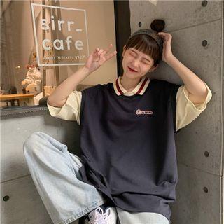 Short-sleeve Mock Two-piece Lettering Shirt