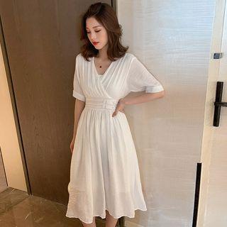 Elbow-sleeve Crinkled A-line Midi Dress