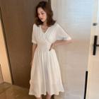 Elbow-sleeve Crinkled A-line Midi Dress