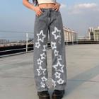 Low Waist Star Print Washed Straight-fit Jeans