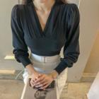 V-neck Bishop-sleeve Pintuck Top