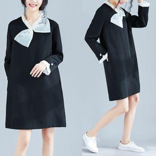 Long-sleeve Bow-collar Frill Trim Shift Dress