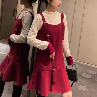 Set: Mock-turtleneck Long-sleeve Top + Ruffle Hem Mini Pinafore Dress