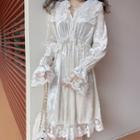 Long-sleeve Lace Panel Midi A-line Velvet Dress Almond - One Size