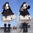 Bow Accent Headpiece / Long-sleeve Ruffle A-line Dress / Set