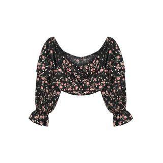 Long-sleeve Off-shoulder Floral Print Cropped Blouse Pink & Black - One Size