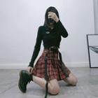 Plaid Mini A-line Skirt / Drawstring Ruched Long-sleeve Cropped Top