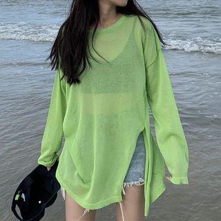 Round-neck Side-slit Long-sleeve Top