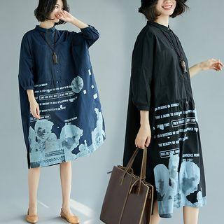 3/4-sleeve Printed Lettering T-shirt Dress