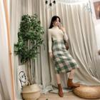 Set: Mock-neck Knit Top + H-line Check Skirt Green - One Size