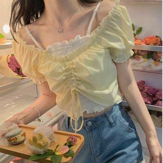 Smocked Camisole / Frilled Drawstring Crop Blouse
