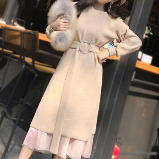 Set: Long-sleeve Tie-waist Midi Knit Dress + Midi Mesh Skirt