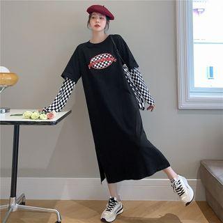 Mock Two-piece Long-sleeve Checkered Panel Midi T-shirt Dress