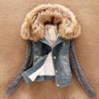 Furry Trim Knit Panel Hooded Denim Jacket