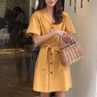 Button Short-sleeve A-line Dress As Shown In Figure - One Size