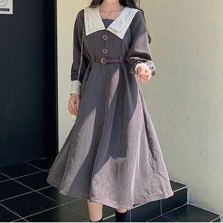 Long-sleeve Check Collar A-line Midi Dress