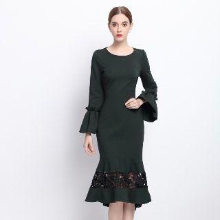 Bell-sleeve Ruffle Panel Sheath Dress