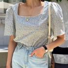 Short-sleeve Square Neck Floral Blouse Blue - One Size