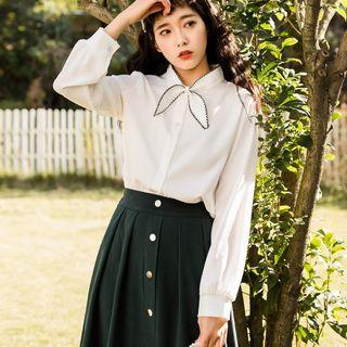 Long-sleeve Contrast Trim Ribbon Chiffon Shirt