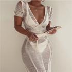 Short-sleeve V-neck Perforated Crop Top