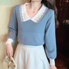 Lantern-sleeve Collared Knit Top