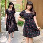 Short-sleeve Square-neck Cherry Dress
