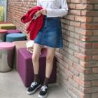 Fray-hem A-line Denim Mini Skirt