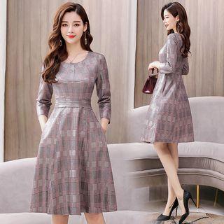 Long Sleeve Check A-line Dress