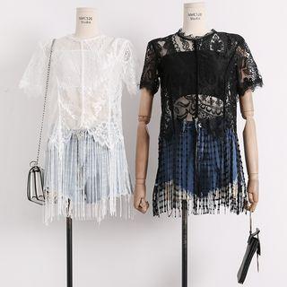 Eyelet-lace Fringed Sheer Top With Tube Top