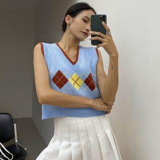 Argyle Cropped Sweater Vest Light Blue - One Size